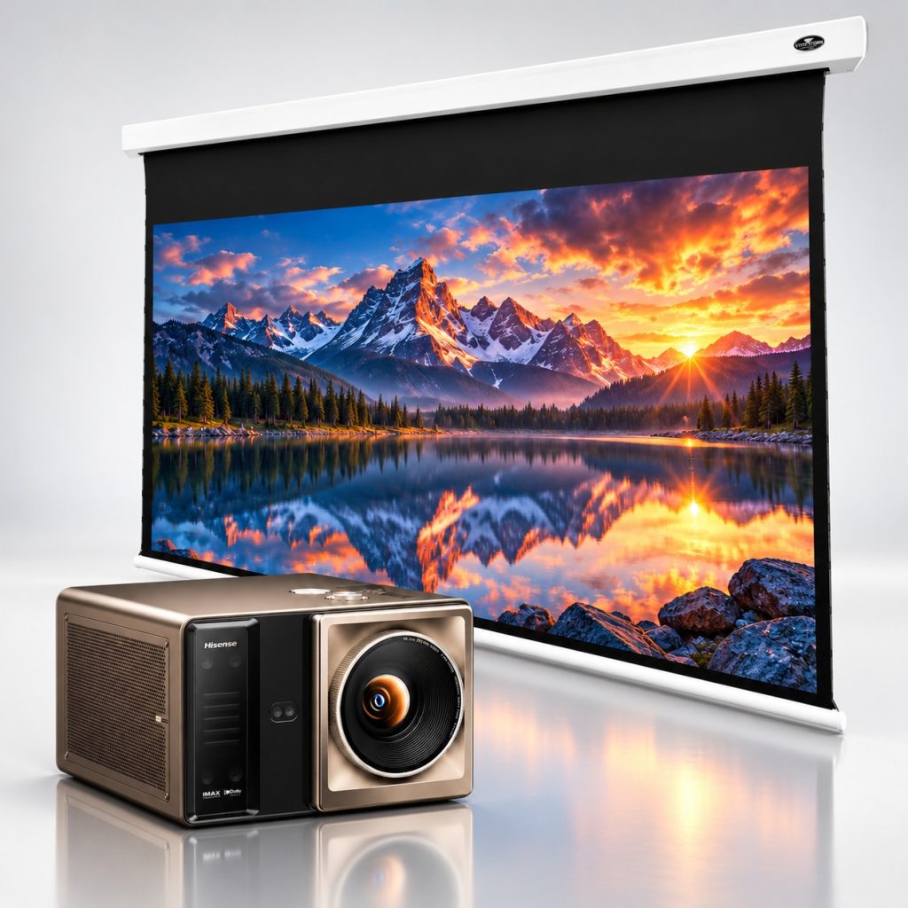 Hisense XR10 4K Laser Projector + VIVIDSTORM Cinematic White Motorised Drop Down Projector Screen Bundle - White Casing
